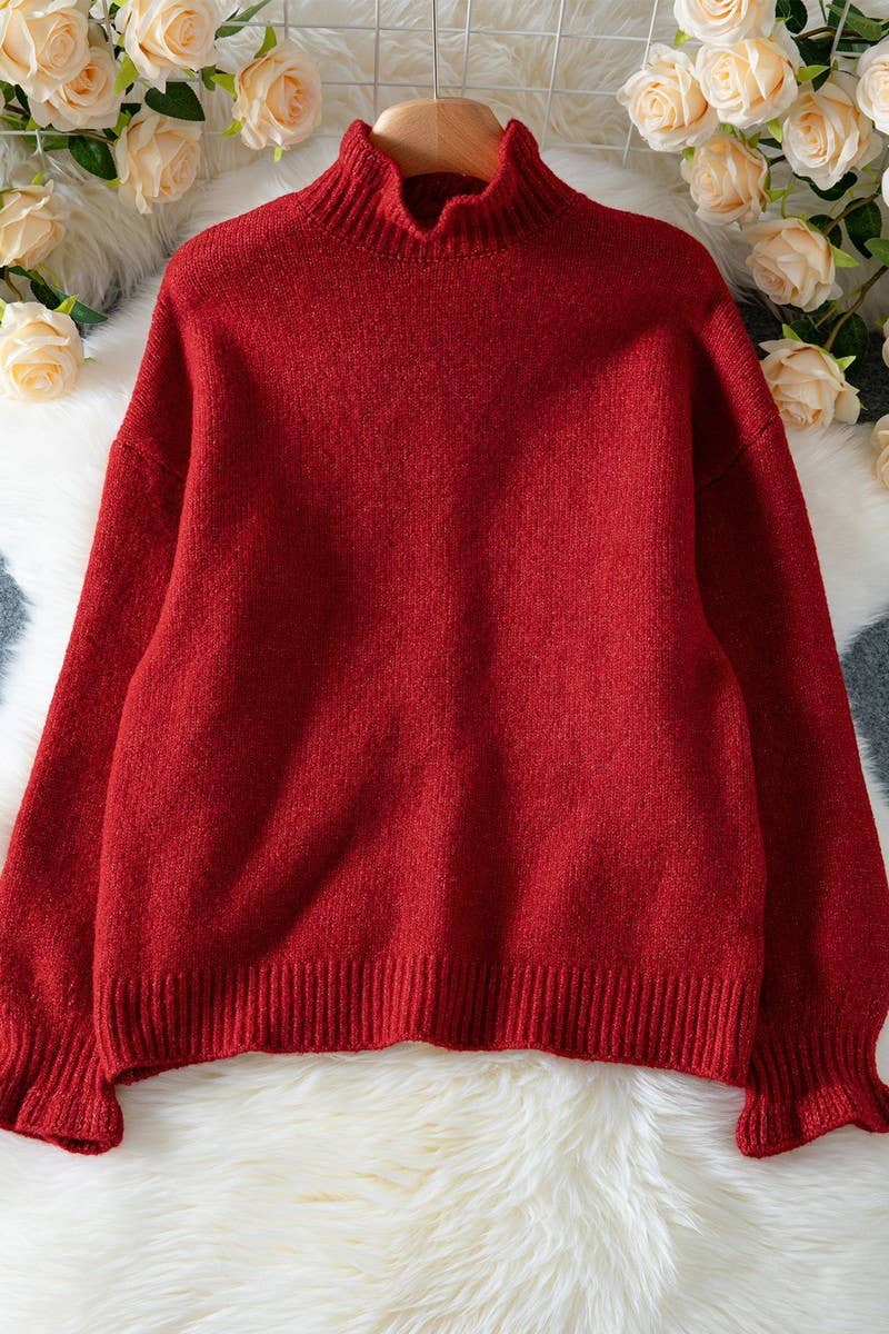 CWOSWL07058_HIGH-NECK RED LOOSE CARDIGAN KNITTED TOP