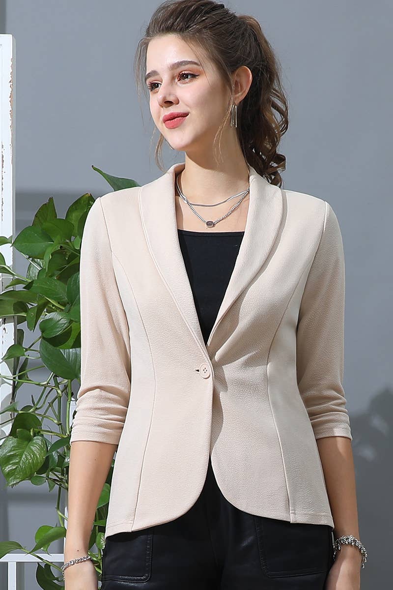 CWOBL106-P_3/4 SLEEVE WITH SHIRRING DETAILED OPEN BLAZER