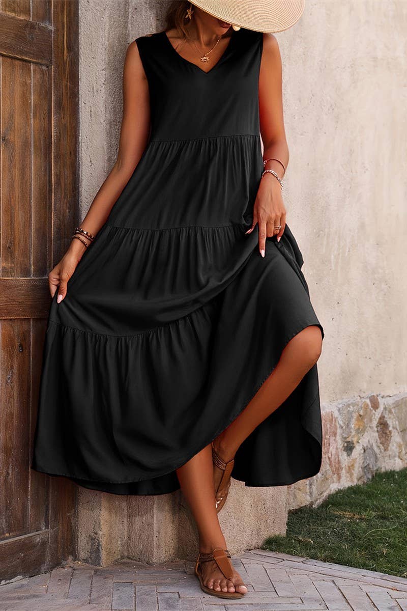 CWDMD4880_SOLID V NECK TIERED HEM SLEEVELESS DRESS