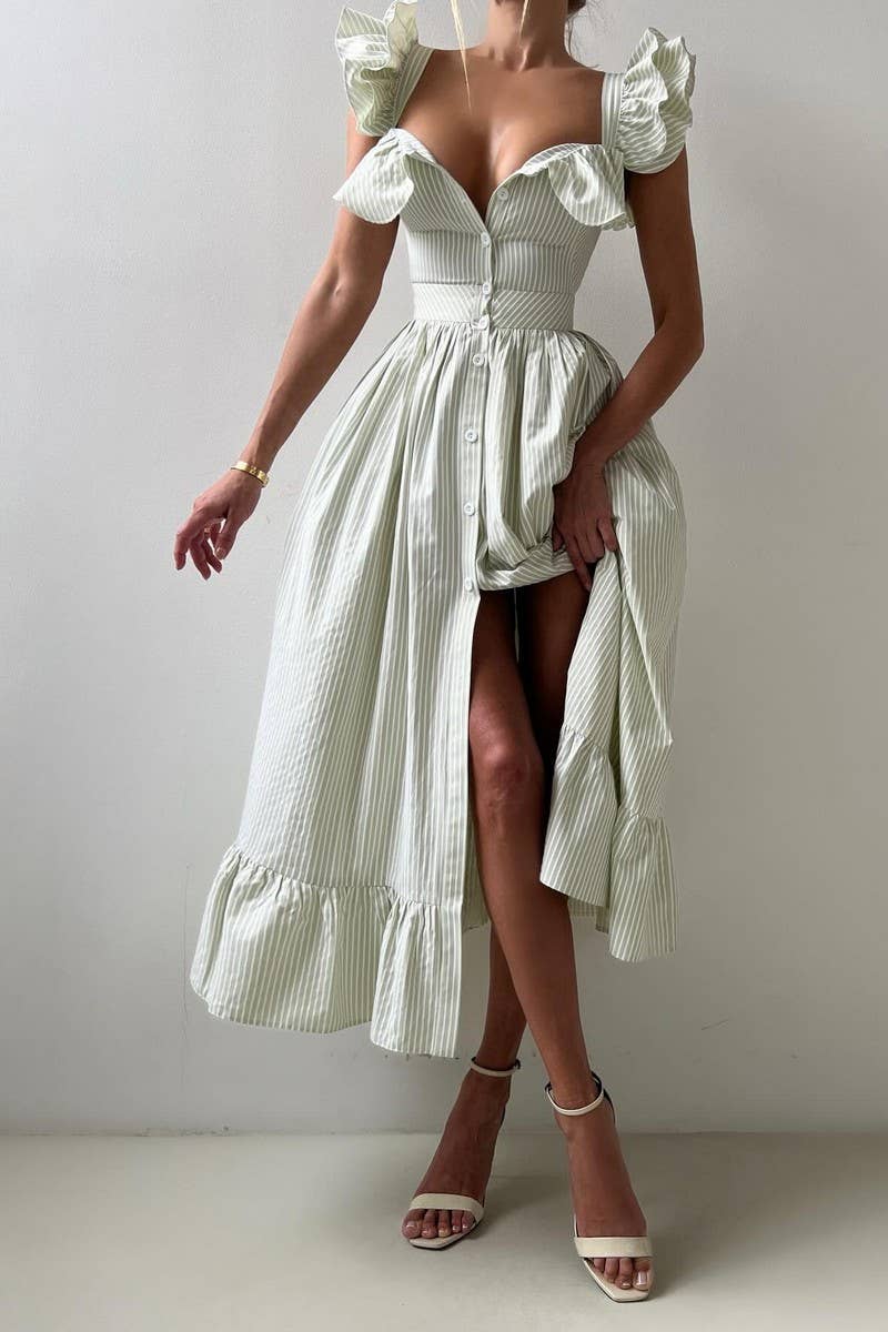 CWDHL1048_TEMPERAMENTAL COMMUTER STYLE RUFFLE STRIPED DRESS