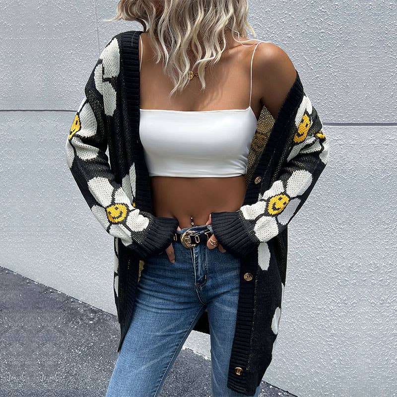 SUNFLOWER JACQUARD MID-LENGTH CARDIGAN