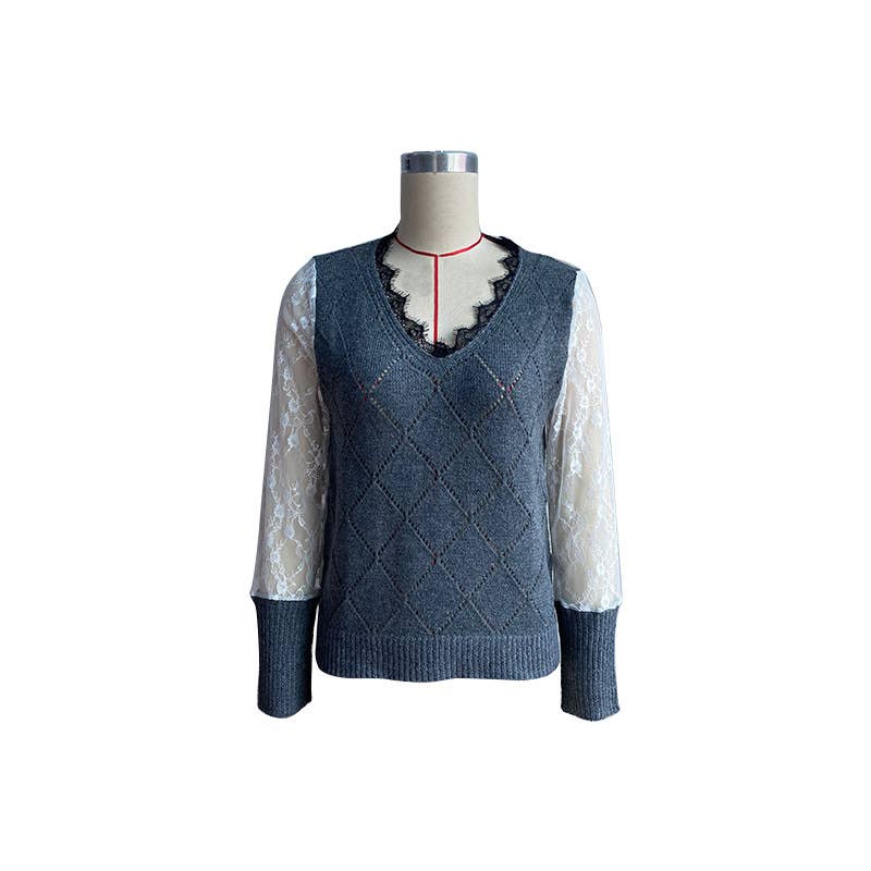 LONG SLEEVE LACE PATCHWORK FASHION BASE KNITWEAR
