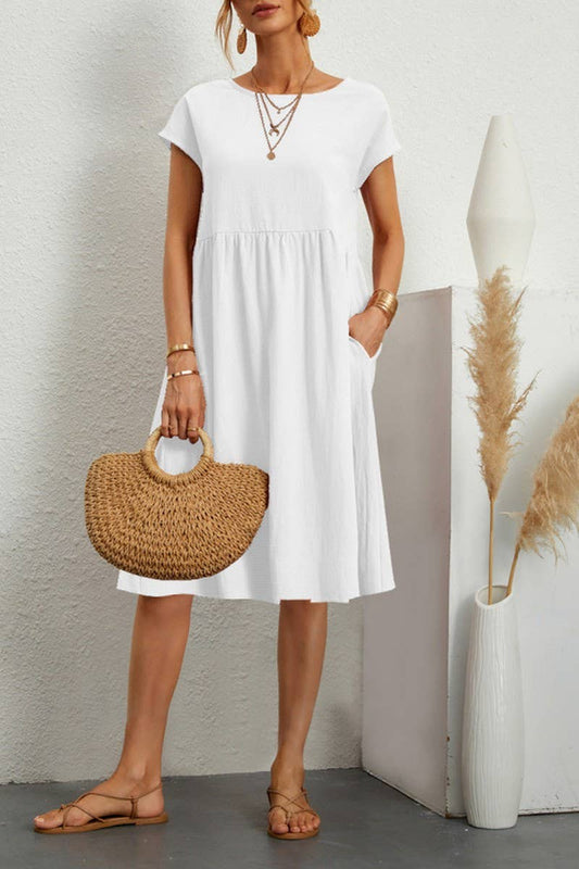CWDSD7975_SUMMER TEMPERAMENT ROUND NECK A-LINE LOOSE DRESS