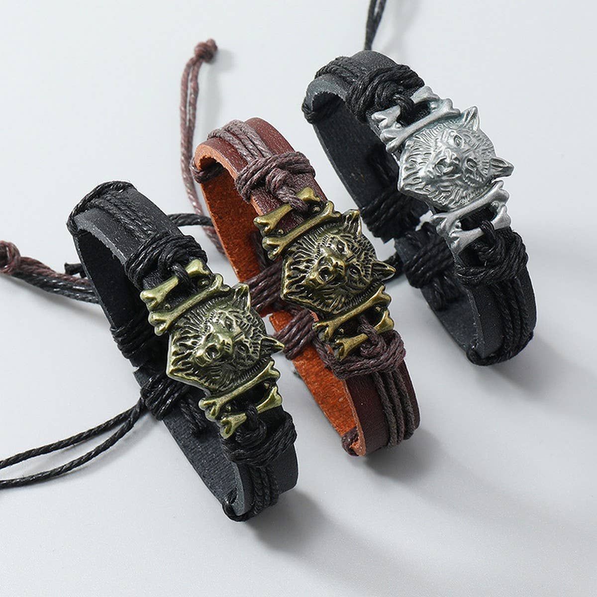 VINTAGE BRAIDED WOLF HEAD LEATHER BRACELET