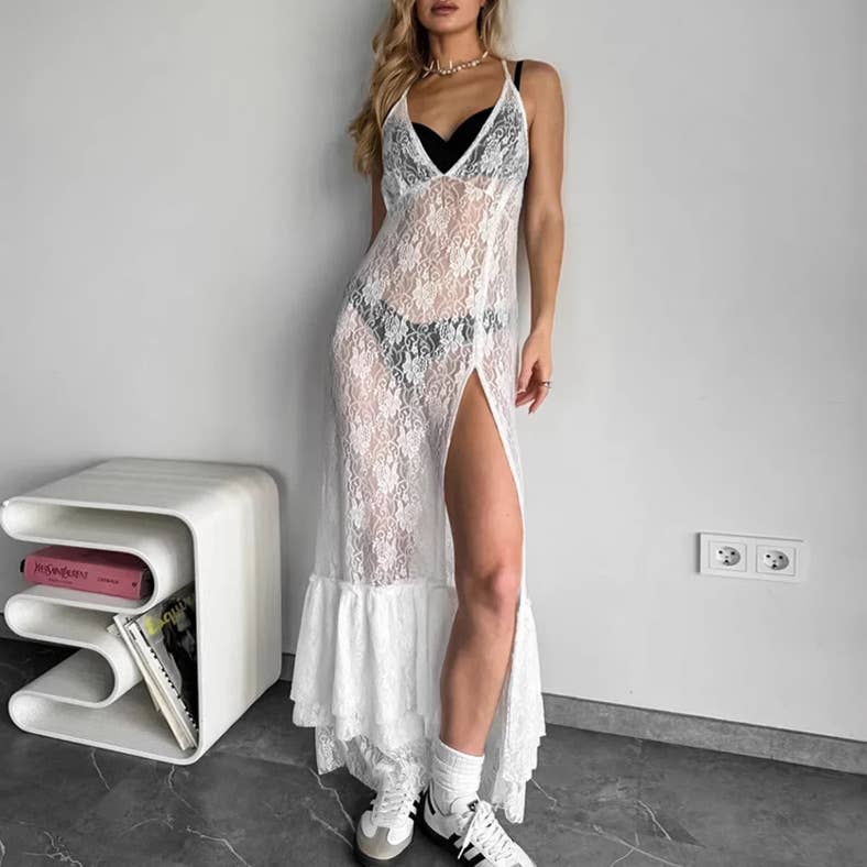 Sheer V-neck spliced slit maxi cami dress