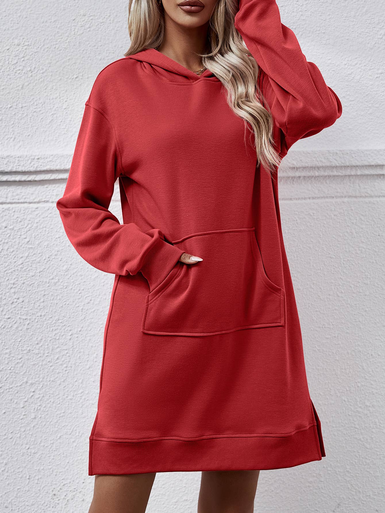 Hooded long-sleeved kangaroo pocket split dress
