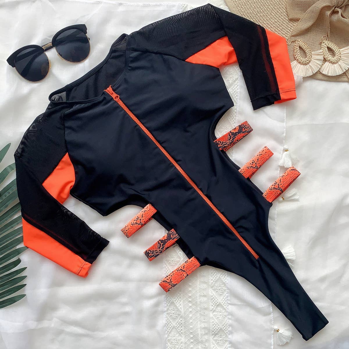 MESH HOLLOW LONG SLEEVE ZIPPER ONE-PIECE SWIMSUIT