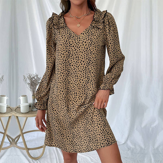 V-NECK LEOPARD PRINT DRESS WITH LOTUS SLEEVES