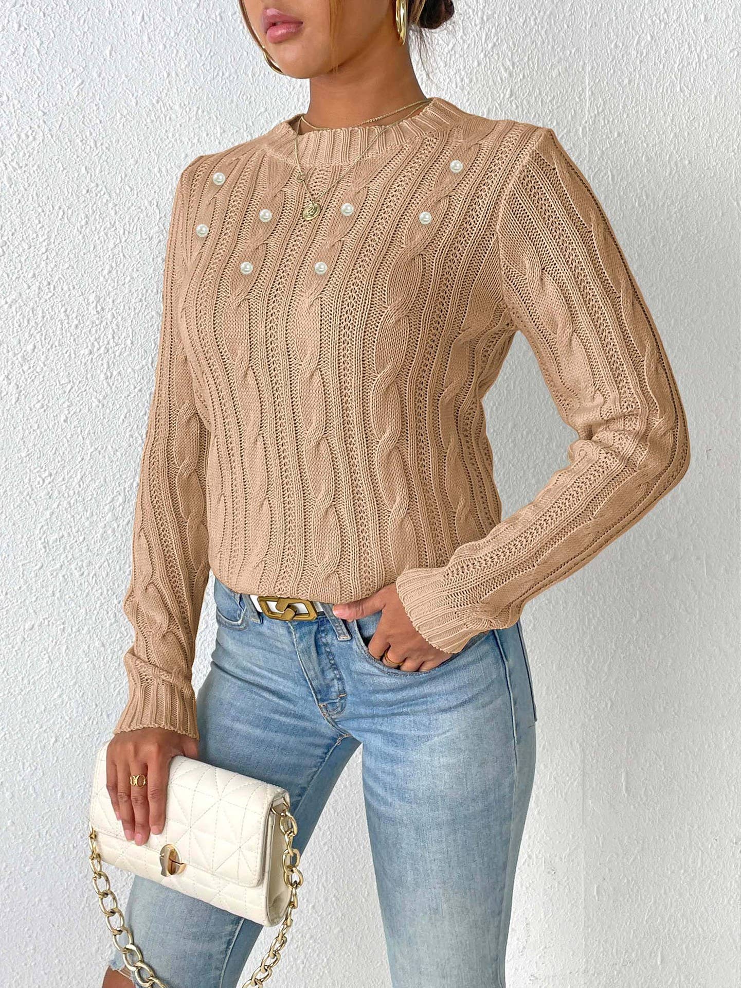 Simple base pearl studded beaded woven sweater