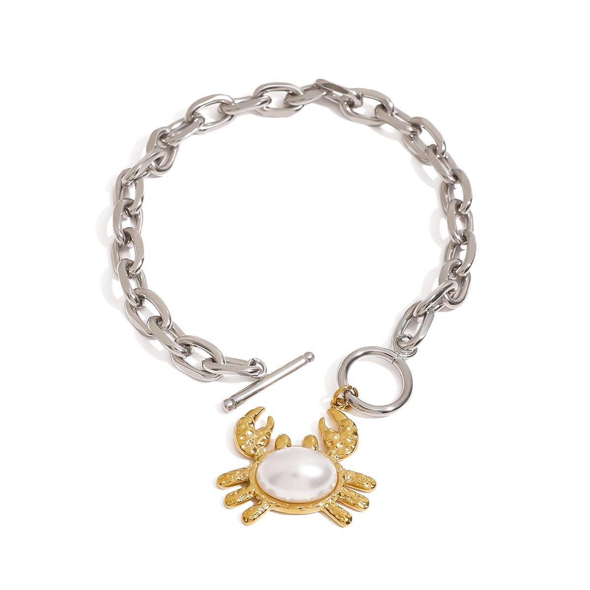 18K Gold Mixed Metal Crab Pendant Bead Bracelet_CWAJE4843