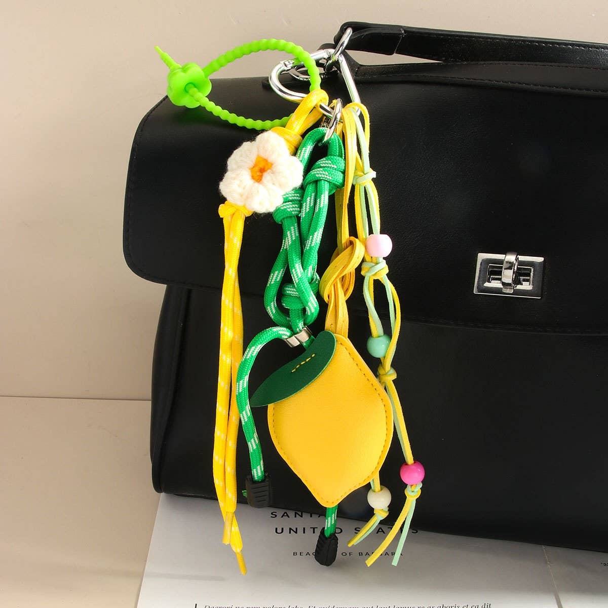 Lemon PU Charm Keychain with Beads & Flowers