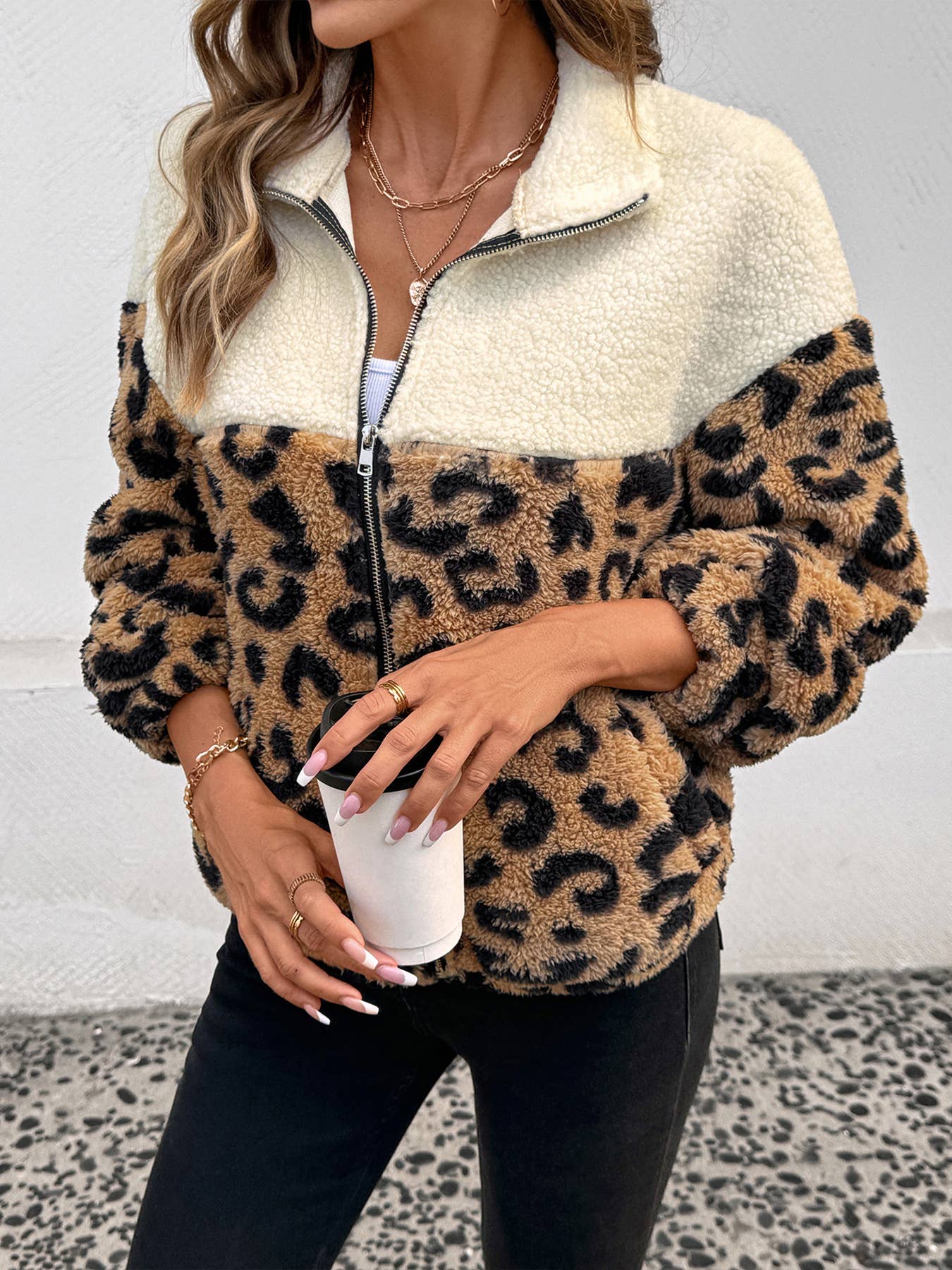 Leopard print color-blocked polar fleece coat