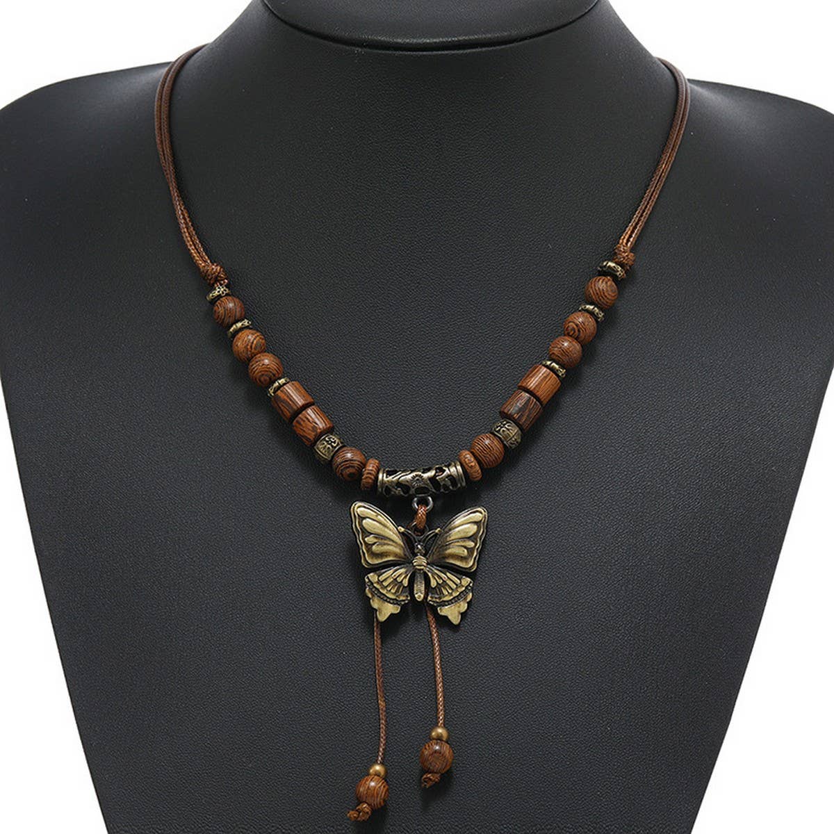 LONG WOODEN BEAD BUTTERFLY TASSEL NECKLACE