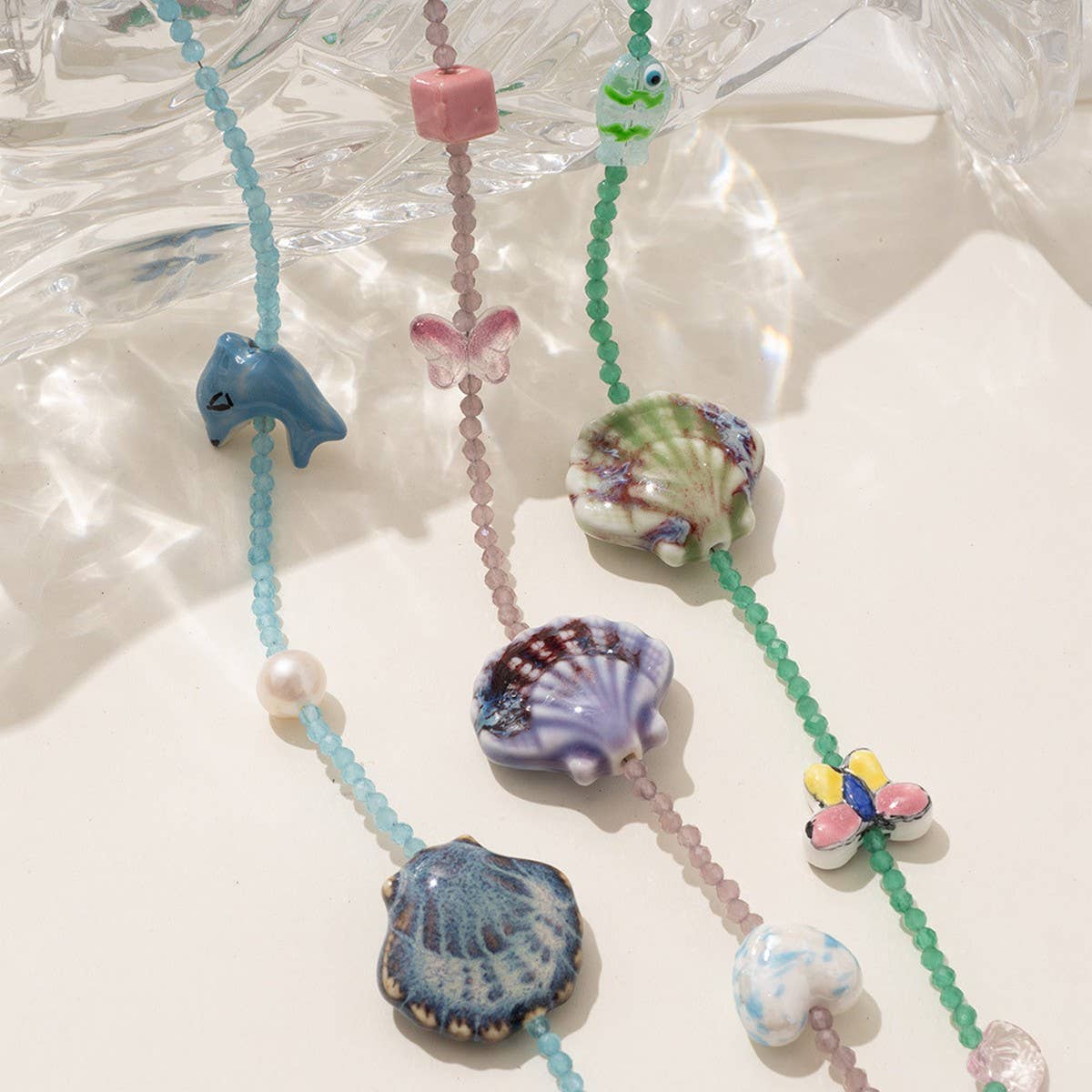Unique Boho Glass Shell and Crystal Necklace