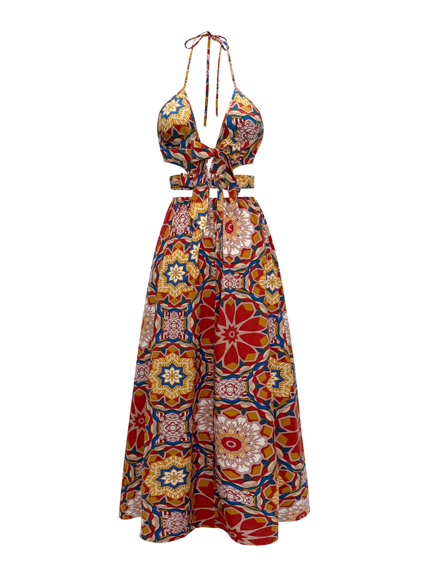 Sexy V-neck backless holiday halter print dress