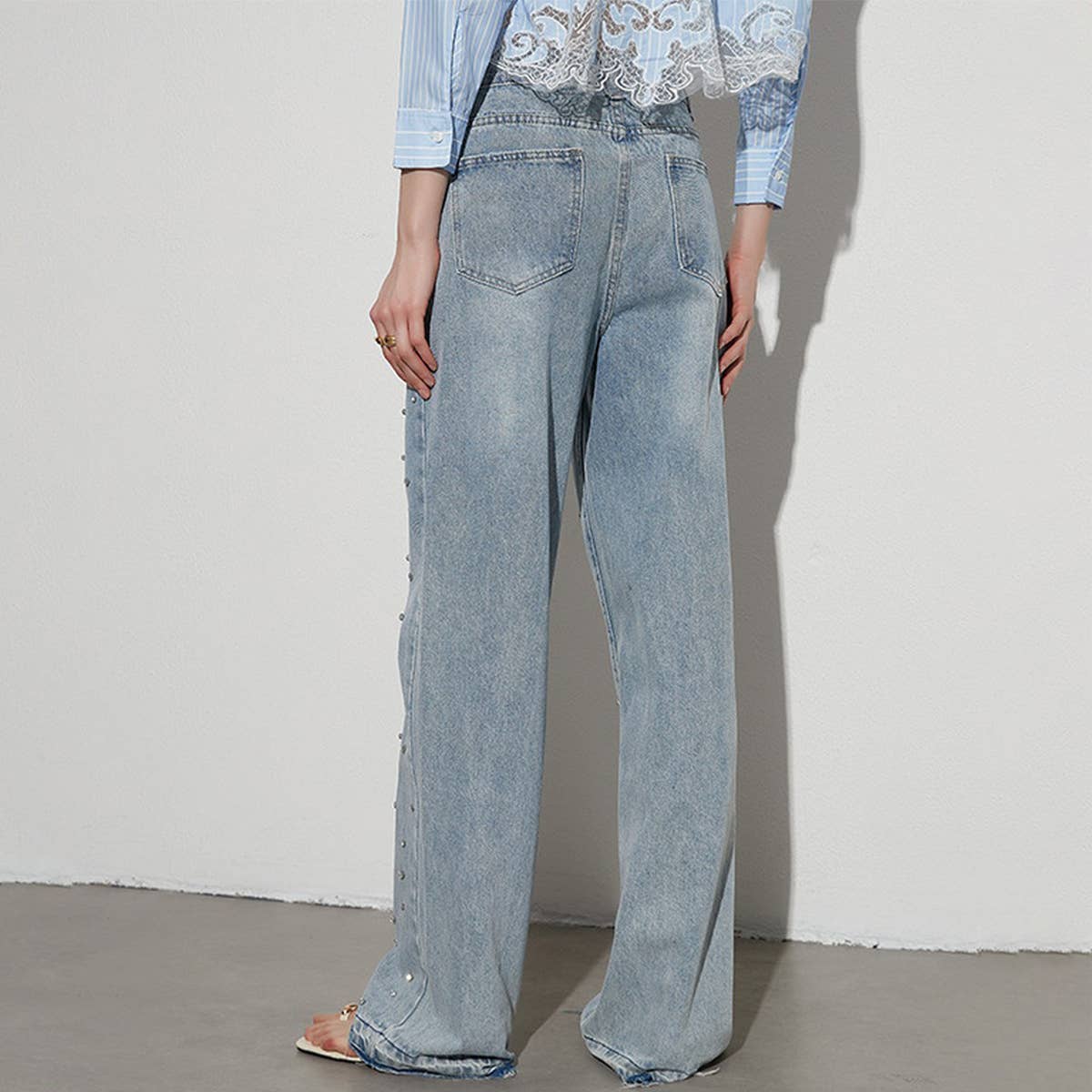 HIGH WAISTED STUDDED PEARL STRAIGHT LEG JEANS