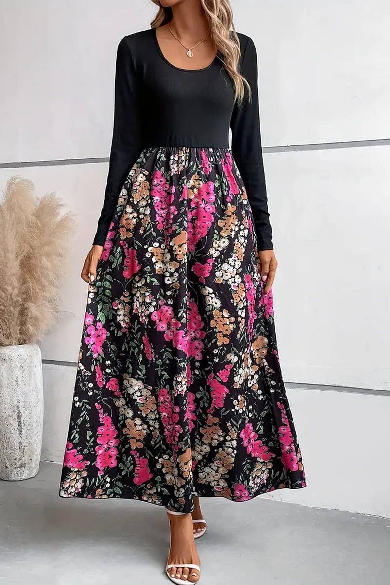 CWDMD3984_FLORAL PRINT COLORBLOCK LONG SLEEVE DRESS