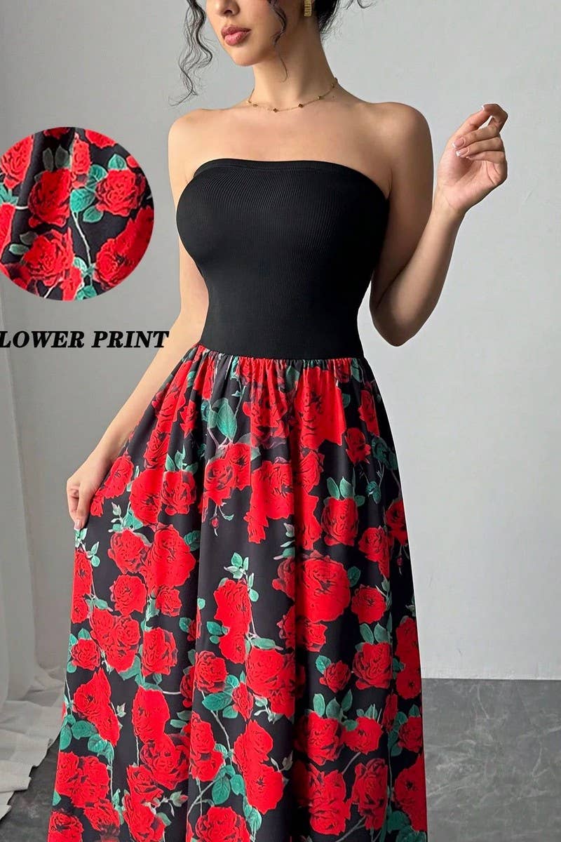 CWDMD5750_ROSE PRINT PATCHWORK STRAPLESS MAXI DRESS