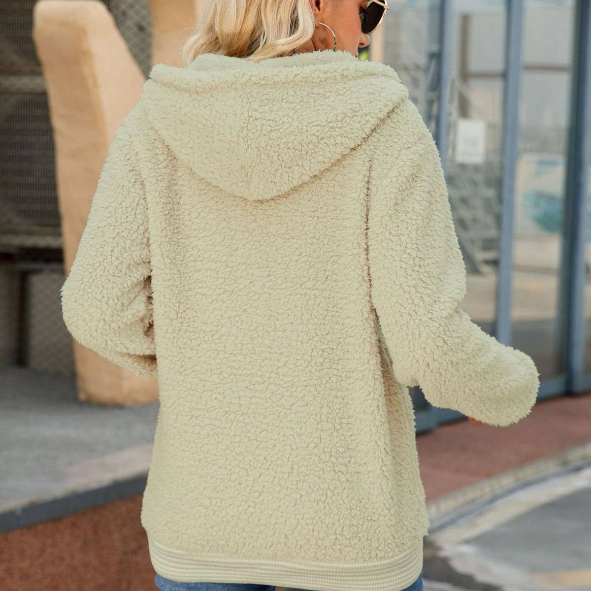 Hooded zipper solid color loose fleece jacket