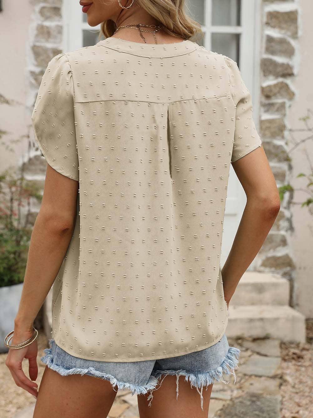 V-NECK JACQUARD SHORT SLEEVE SHIRT BLOUSE