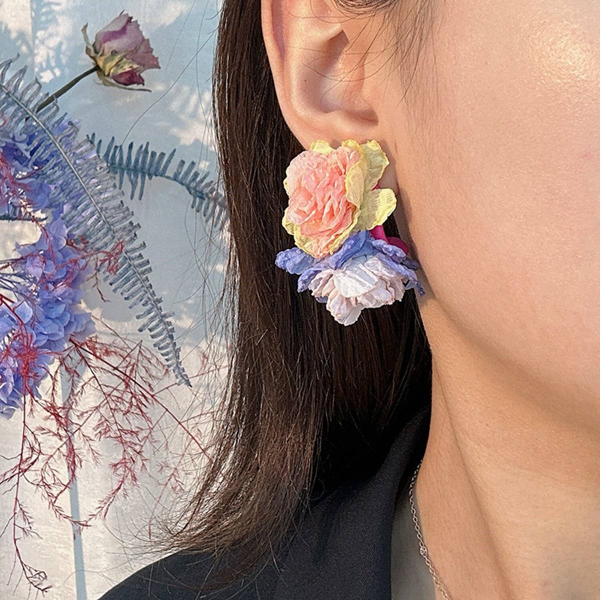 Fabric Flower C-Shaped Stud Earrings ??Fresh Style_CWMM6183