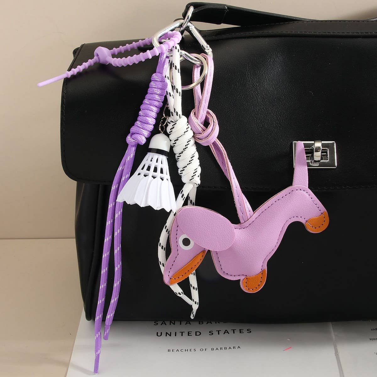 Cute Leather Dachshund Bag Charm with Shuttlecock