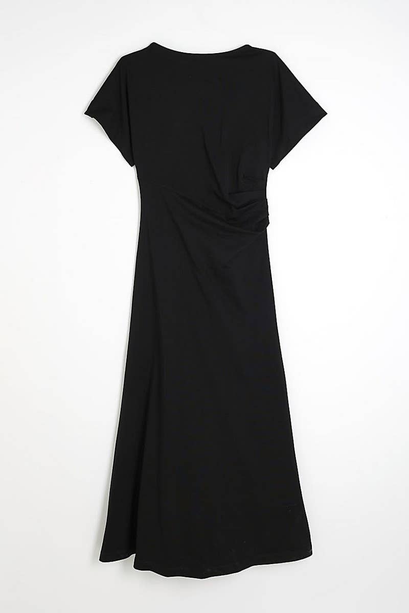 CWDMD6421_VINTAGE RUCHED WAIST BLACK DRAPED MAXI DRESS
