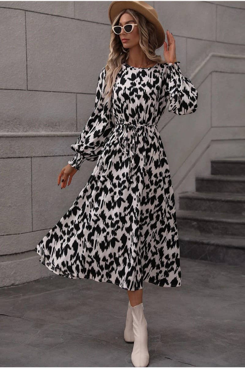 CWDSD6570_LEOPARD PRINT TIE LONG SLEEVE SWING DRESS
