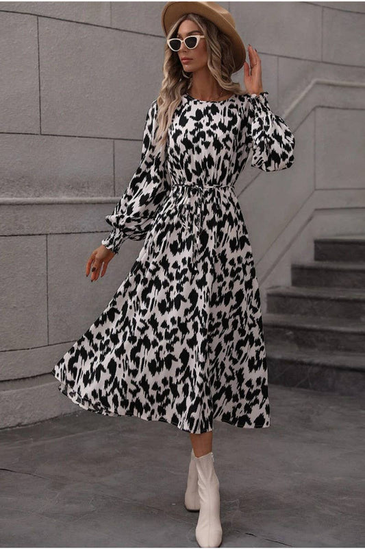 CWDSD6570_LEOPARD PRINT TIE LONG SLEEVE SWING DRESS