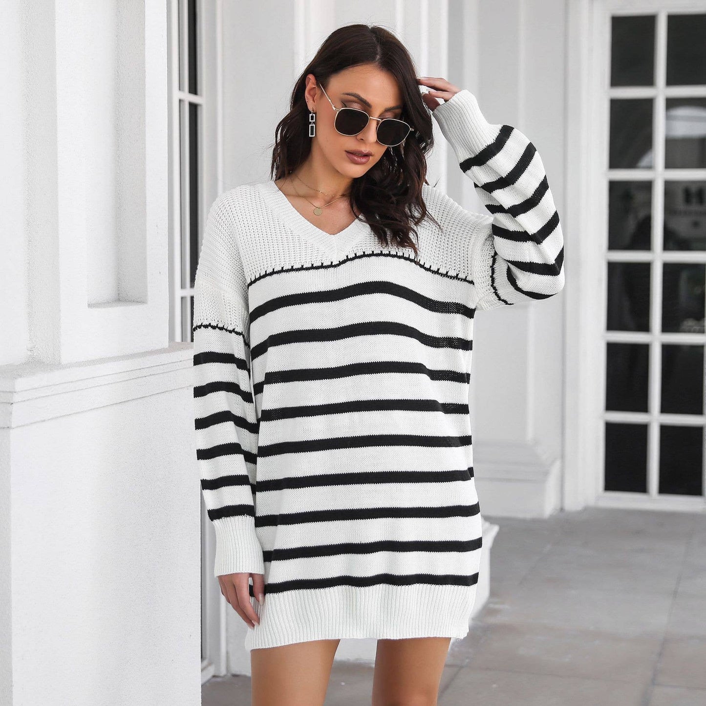STRIPED V-NECK LONG-SLEEVED SWEATER DRESS