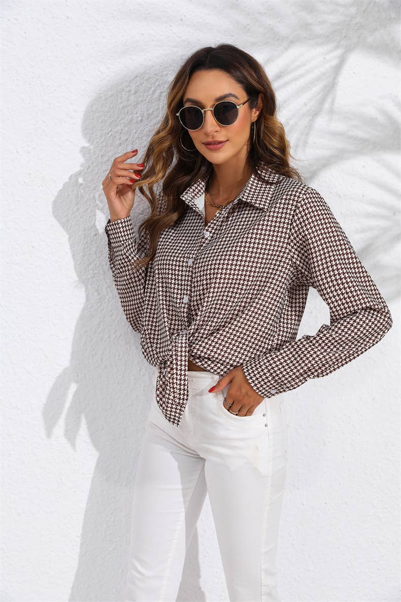 Lapel checked loose casual long-sleeved shirt