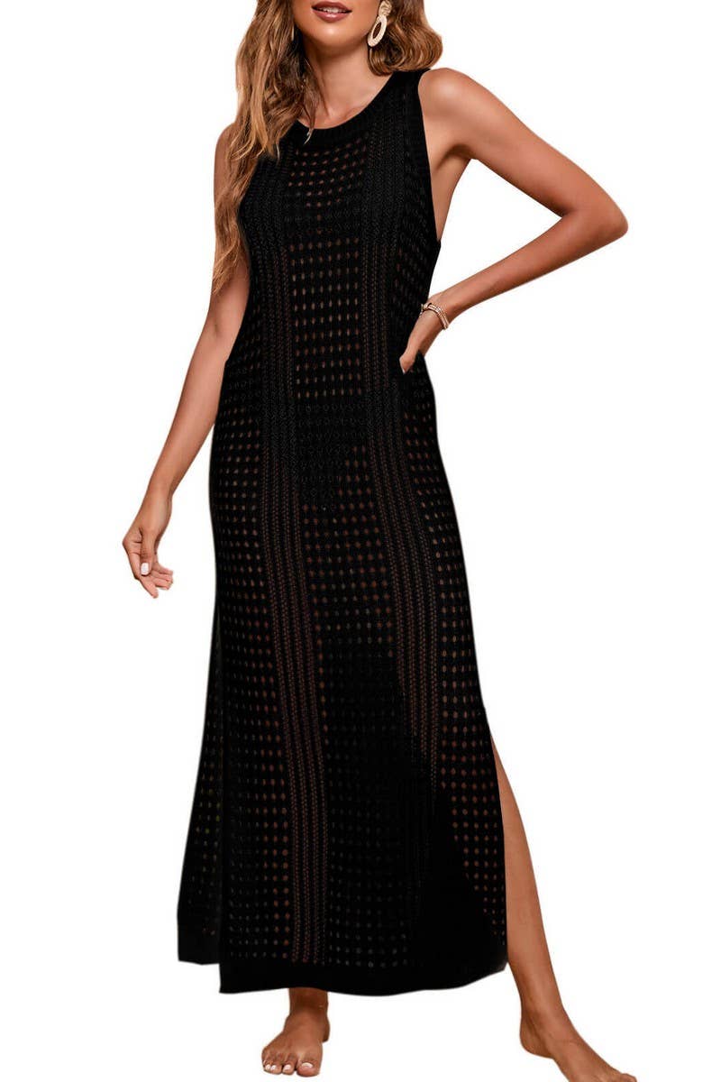 CWDMD4732_LOOSE SOLID BEACH HOLLOW KNIT COVER-UP DRESS