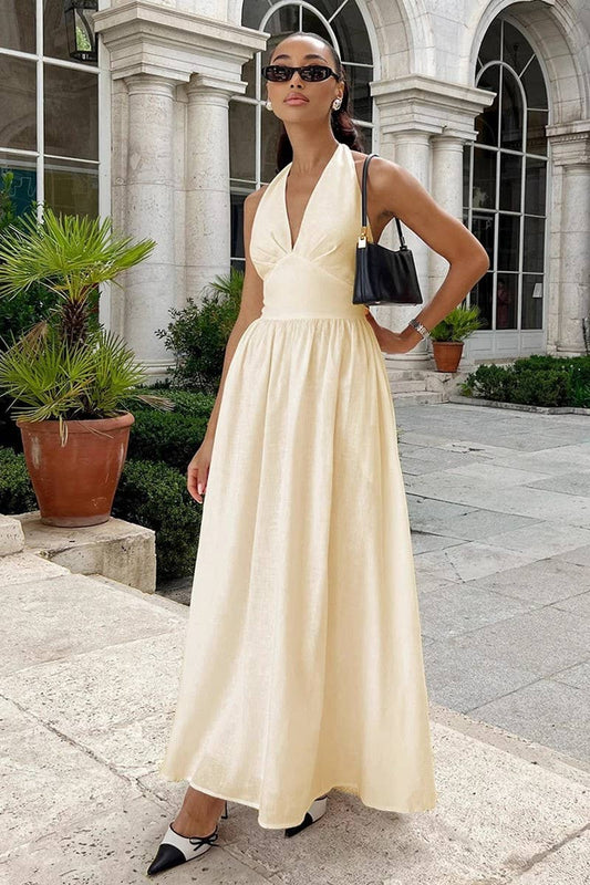 CWDHL0835_COTTON V-NECK TIE-WAIST FLOWY MAXI DRESS