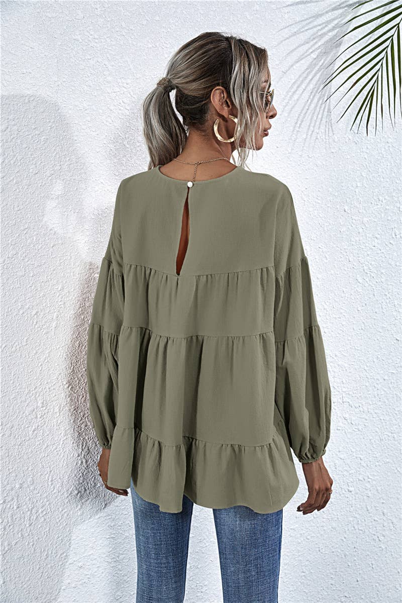 SOLID COLOR ROUND NECK LANTERN SWING LOOSE TOP