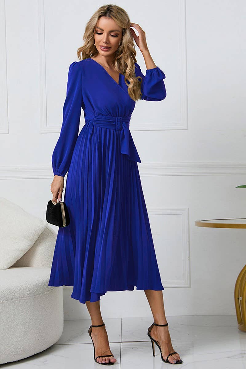 CWDMD1462_V-NECK LONG SLEEVED PLEATED DRESS