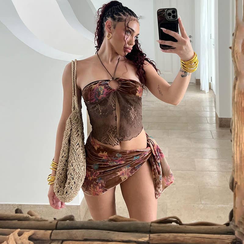 Halter Neck Crop Top Bikini 3 Piece Set