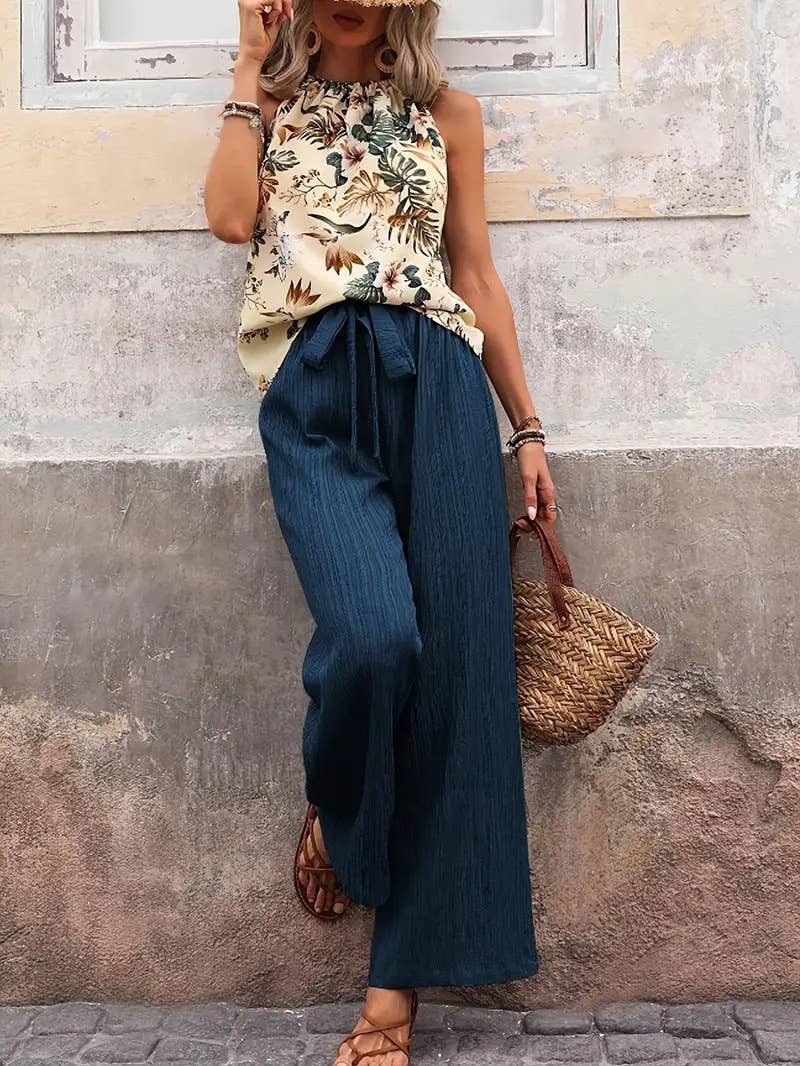 A halter ethnic-style printed top trousers set
