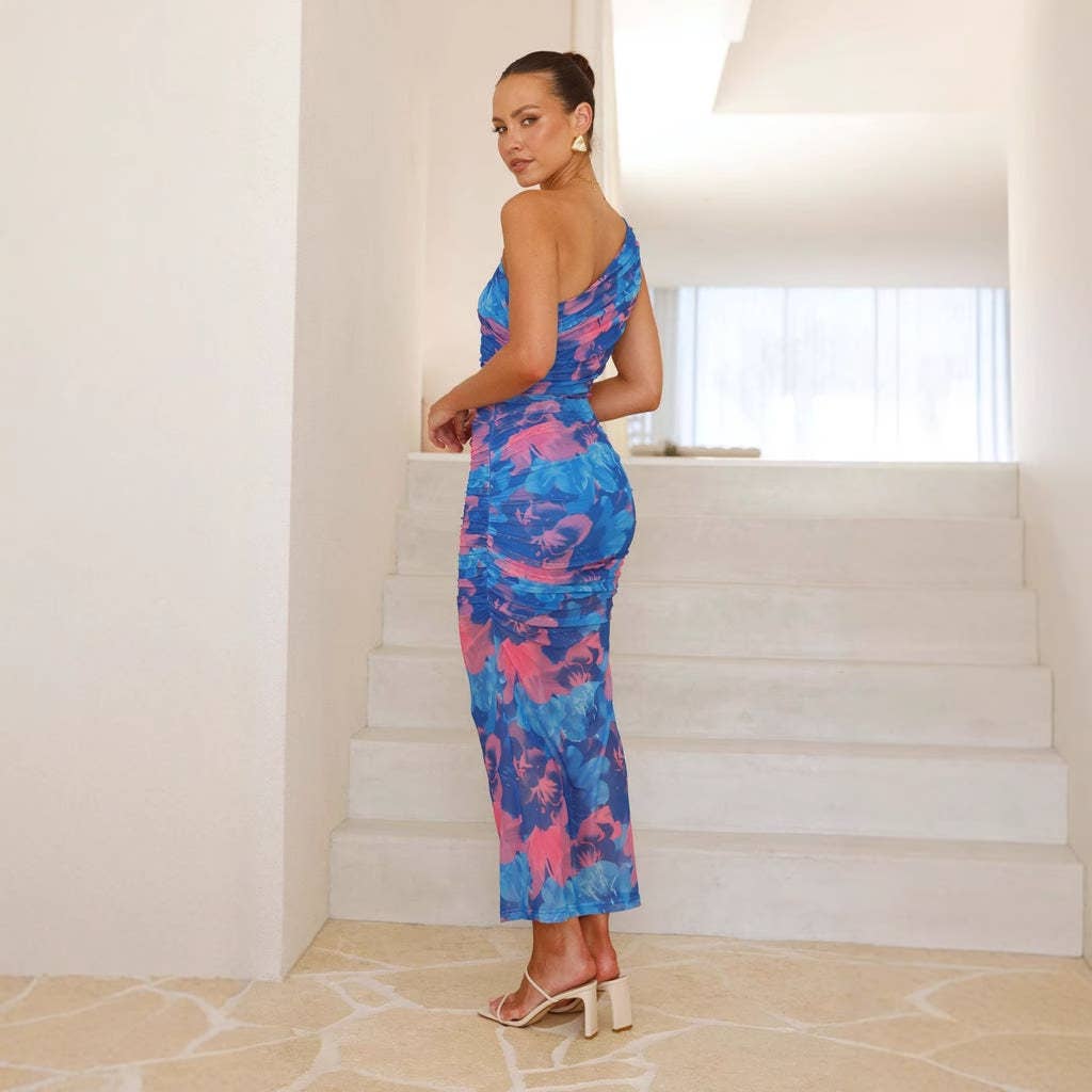 Print slant shoulder dress with halter straps