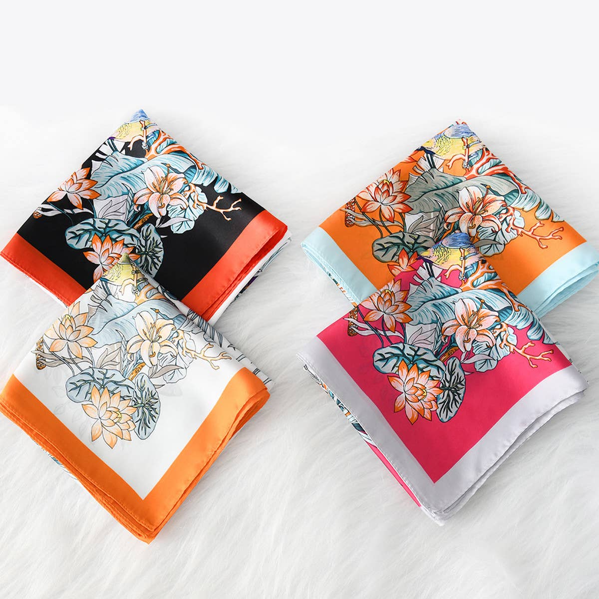 Luxury Style Floral Satin Square Scarf for Summer