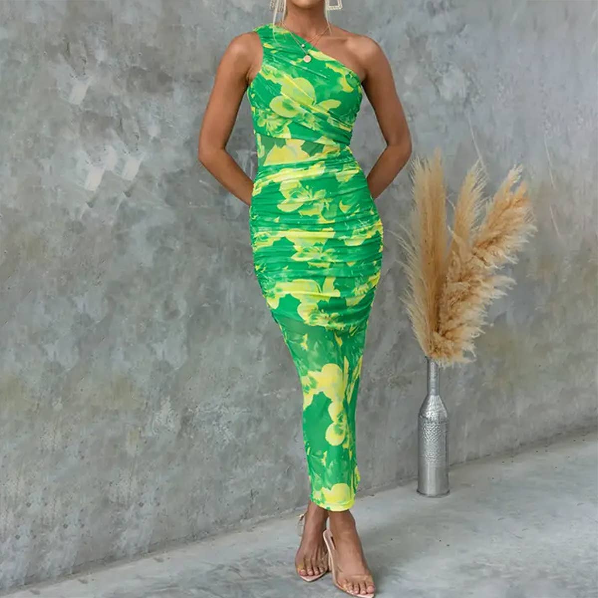 PRINTED STRETCH DRESS WITH HIP SHOULDER WRAP