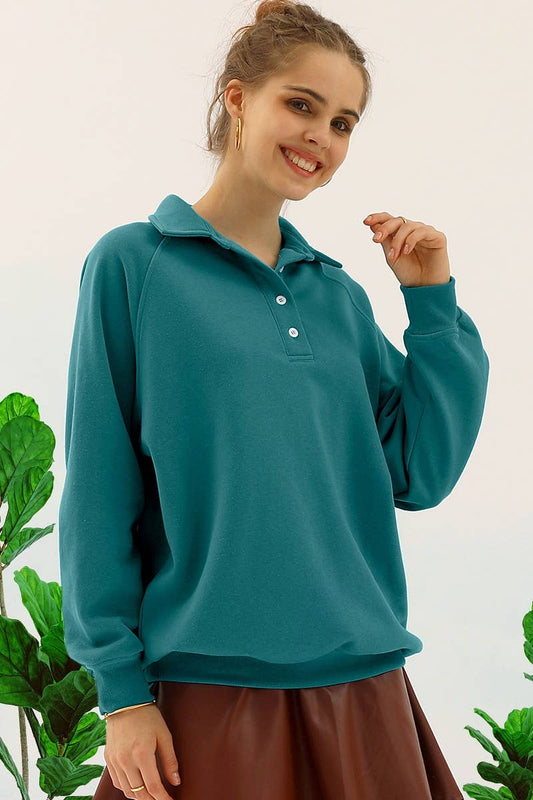 Cwttl906_Button Collar Raglan Long Sleeve Casual Sweatshirt