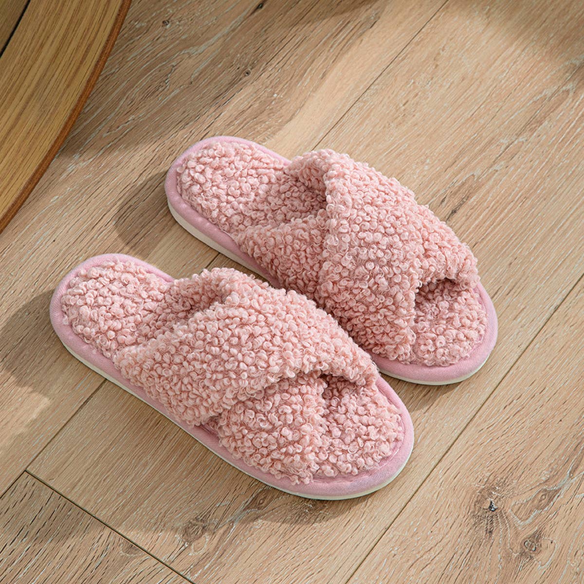FURRY CROSS STRAP COTTON SLIPPERS