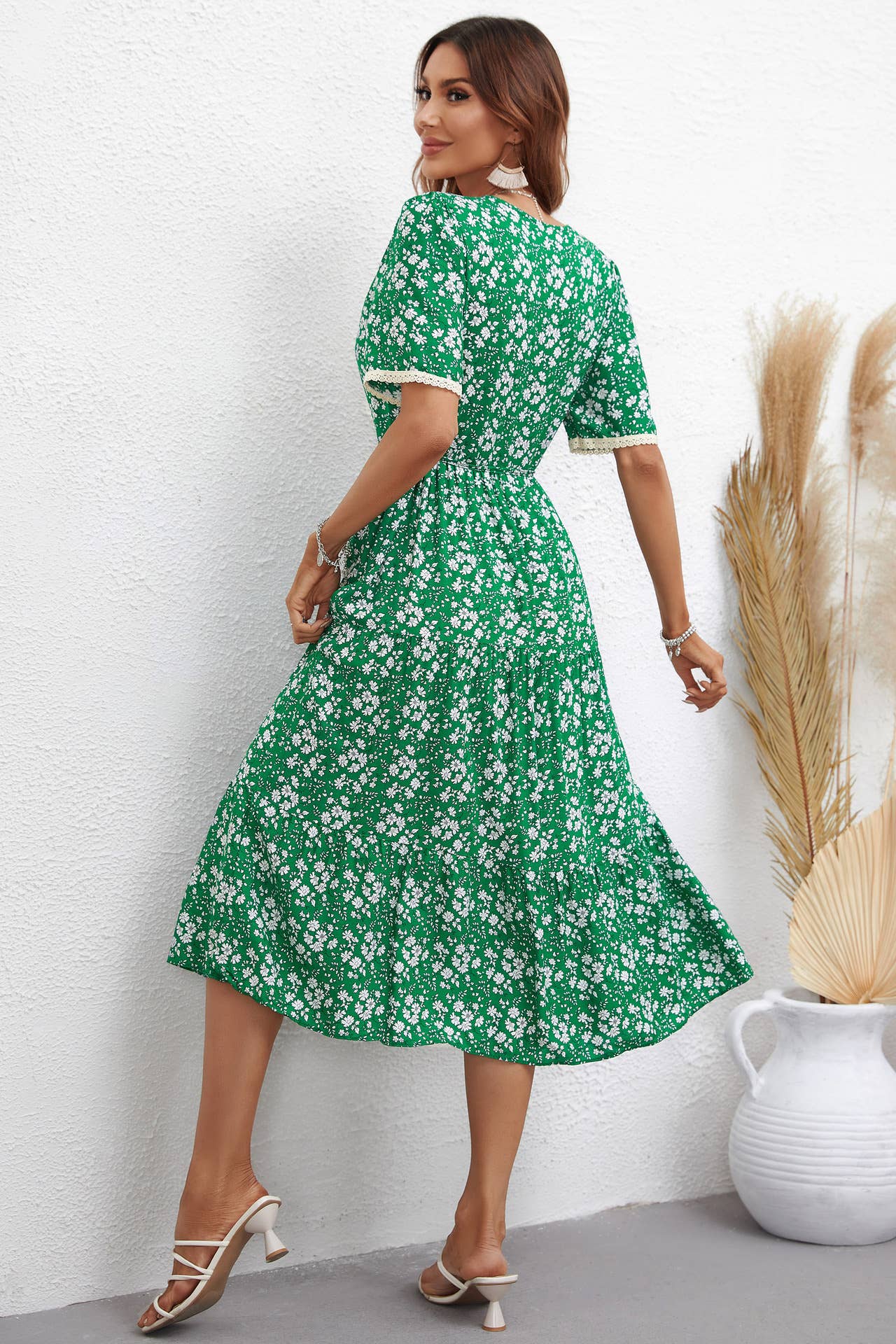 V-NECK FASHION PRINT SLIM-FIT WAISTLINE DRESS