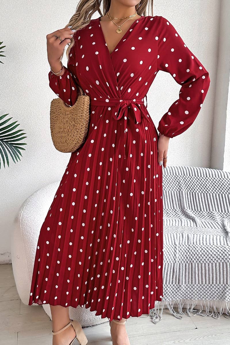 CWDMD3946_FALL V-NECK POLKA-DOT PLEATED LACE-UP DRESS