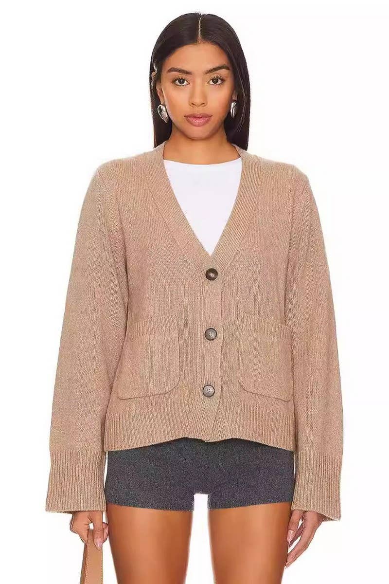 CWOCAL1611_SOLID COLOR V-NECK KNITTED CARDIGAN COATS