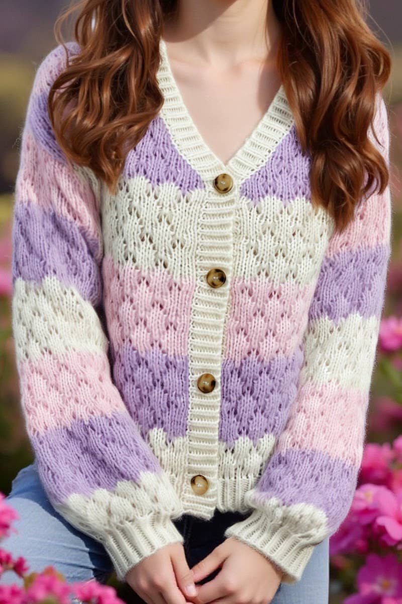 CWOSWL07088_CONTRAST COLOR V-NECK LOOSE KNIT CARDIGAN SWEATE