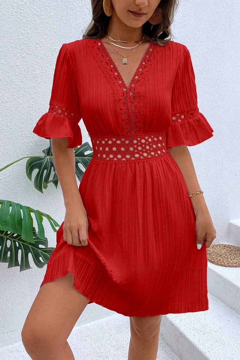 CWDSD7521_SUMMER LACE STYLISH WAIST SOLID COLOR DRESS