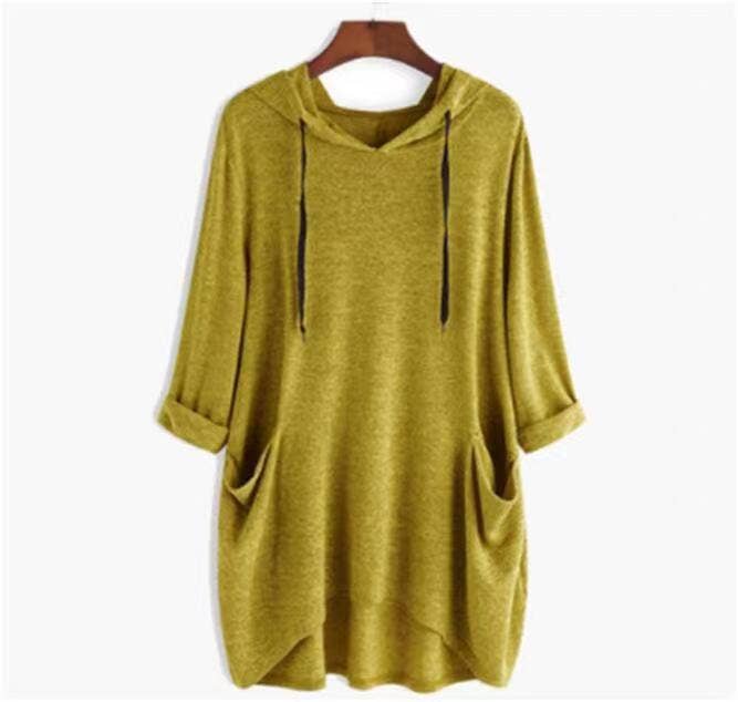 HOODED SOLID COLOR BAGGY IRREGULAR POCKET TOP