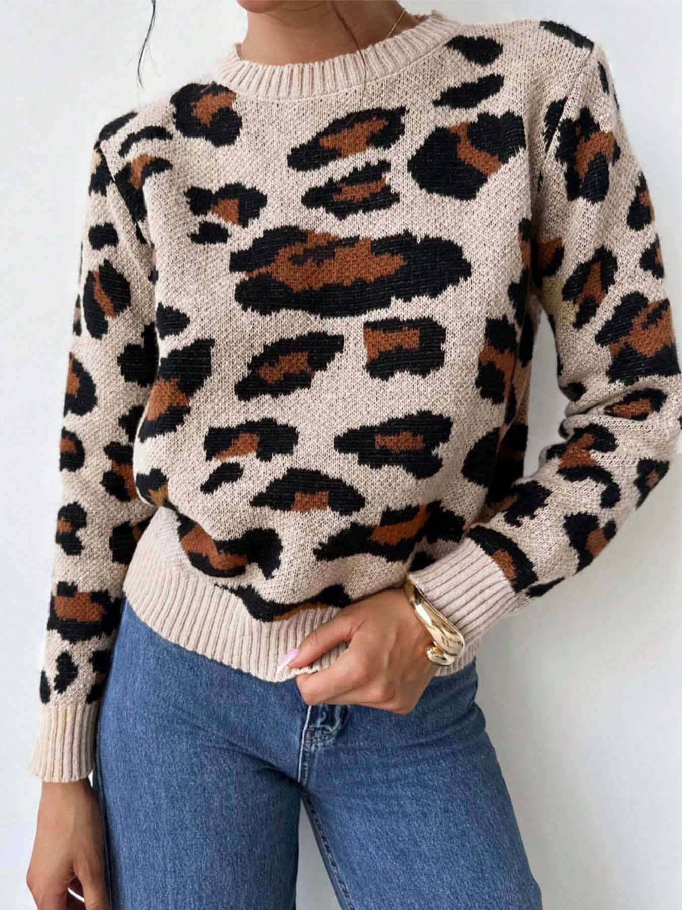 Round-neck retro leopard print pullover sweater