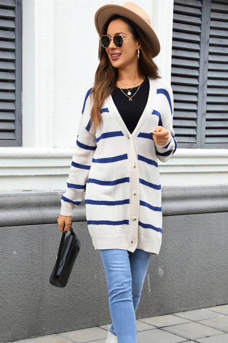 CWOCAL00803_BUTTON STRIPE LOOSE KNIT CARDIGAN JACKET